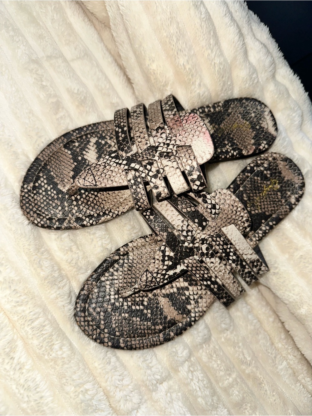 Qupid Snake Print Slide Sandals in Black and Cream